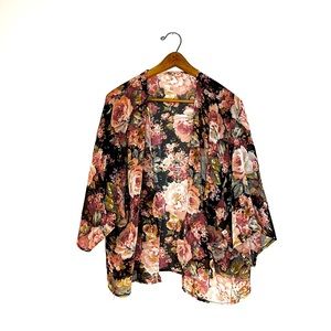 Vintage Style Sheer Chiffon Floral Kimono Cardigan Black Pink Rose Top